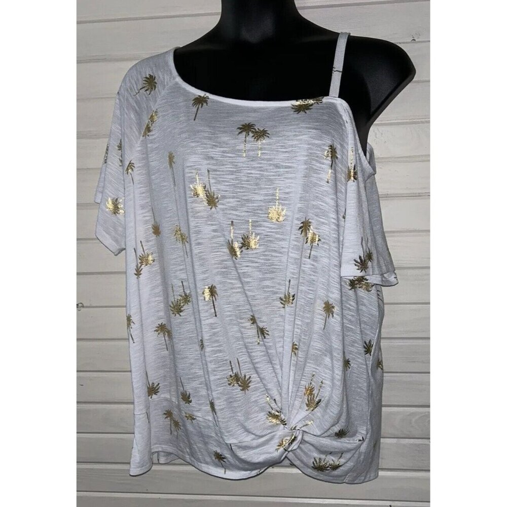 Torrid Sz Plus ?? (See Meas) White Palm Gold Foil Twist Tee One Shoulder EUC